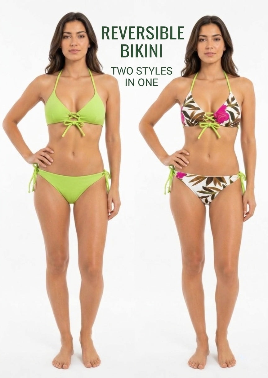 Double  Face Tropical Floral Tie-Side Halter Bikini Set