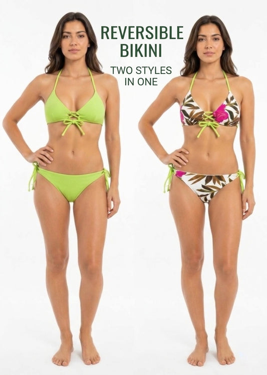 Double  Face Tropical Floral Tie-Side Halter Bikini Set
