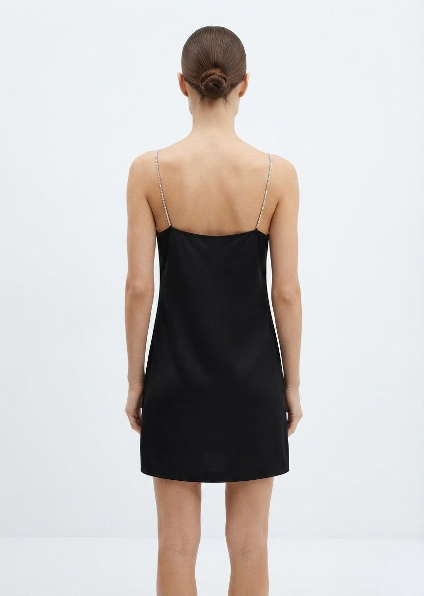 SHEIN Women's Rhinestone Strap Satin Slip Mini Dress - Black