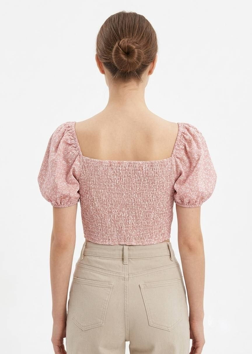 SHEIN Women’s Floral Print Puff Sleeve Ruched Crop Top