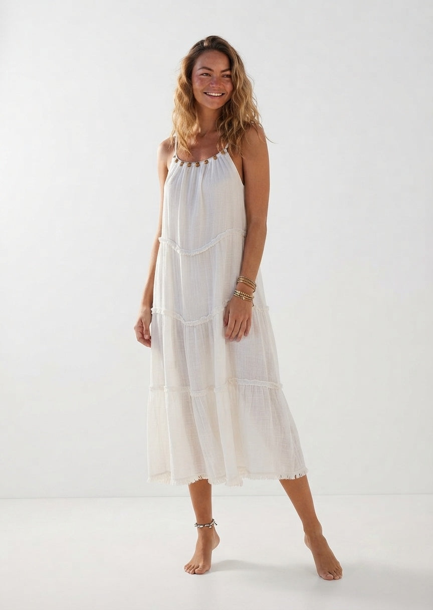 Women's White Tiered Midi Dress - Spaghetti Strap Boho Cami Dress with Beaded Details