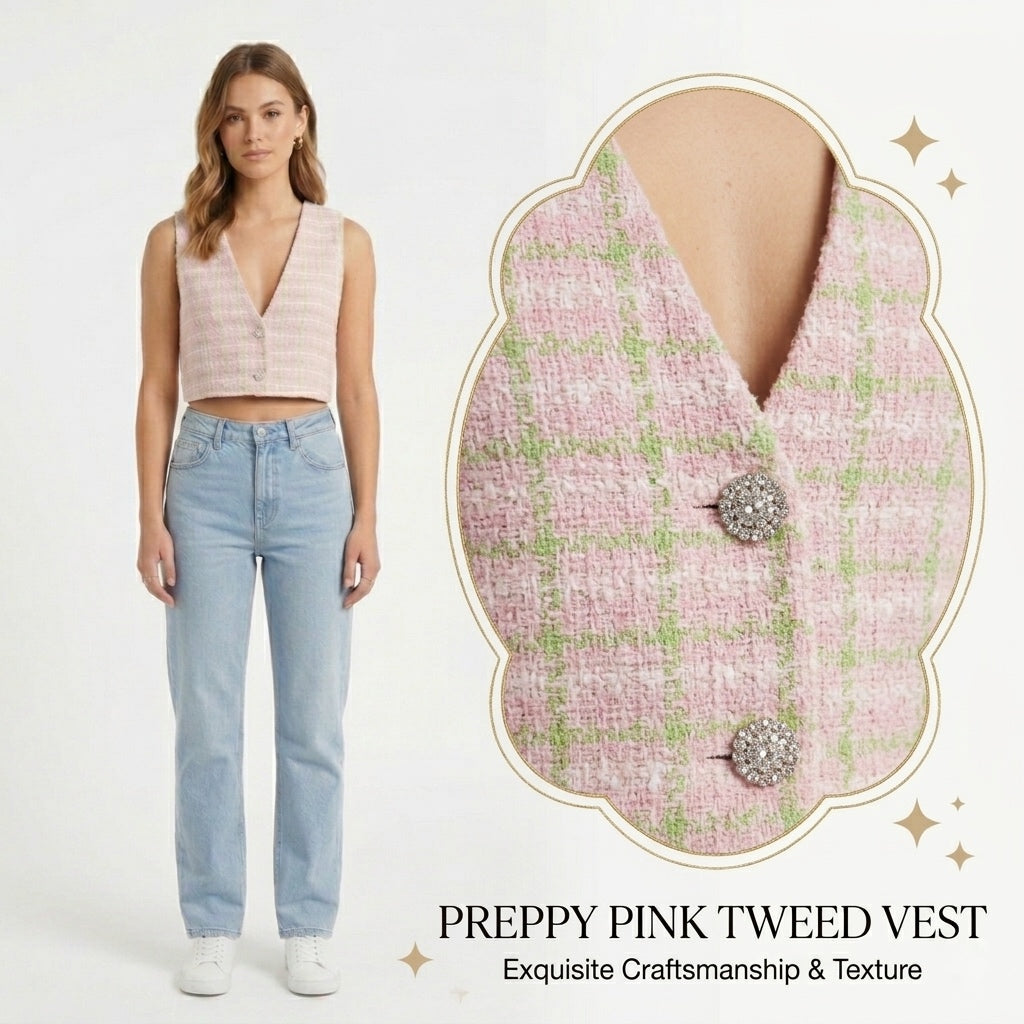 ZARA– Checked Tweed Button-Up Vest