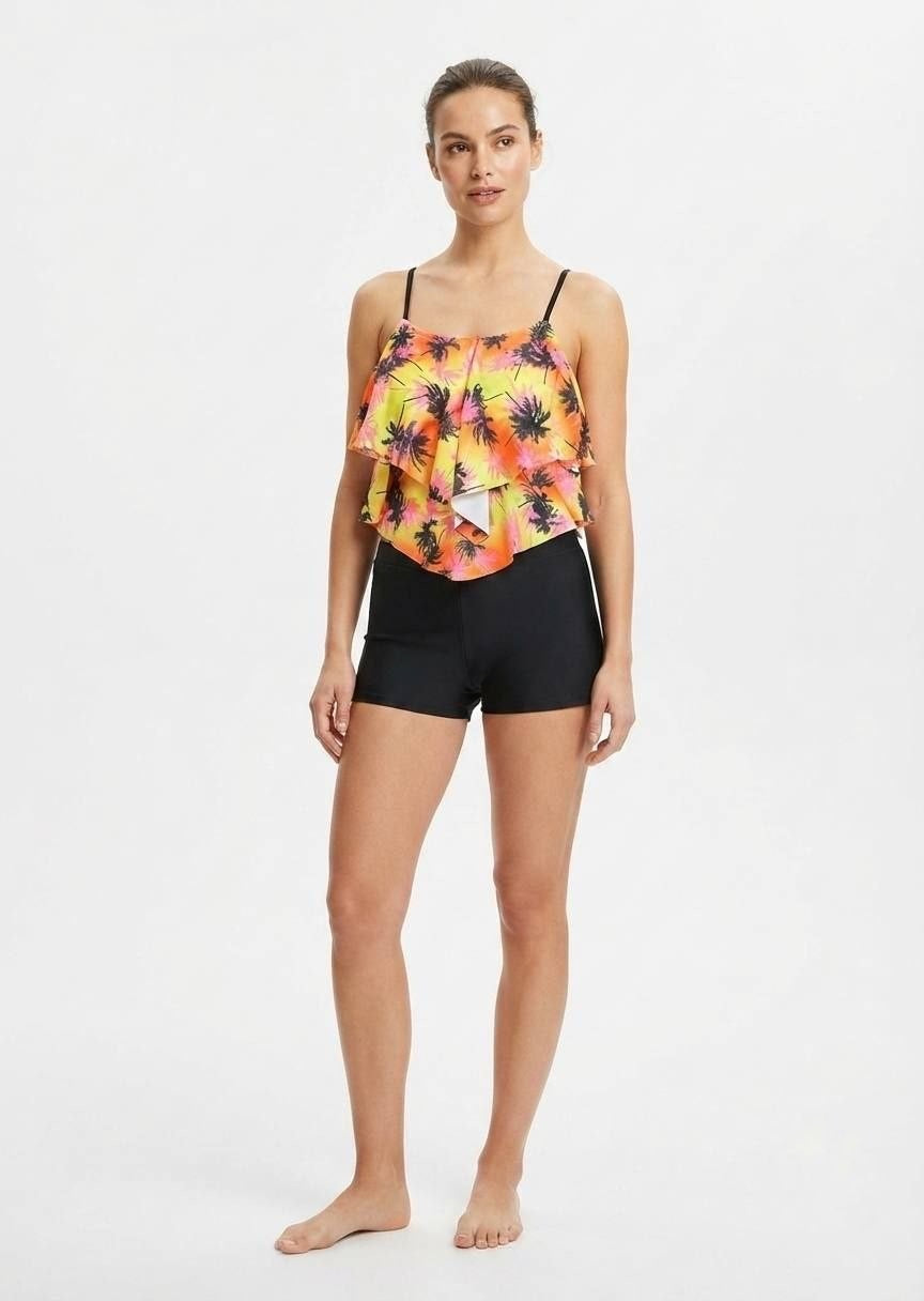 SHEIN Sunset Palm Print Ruffle Tankini with Swim Shorts