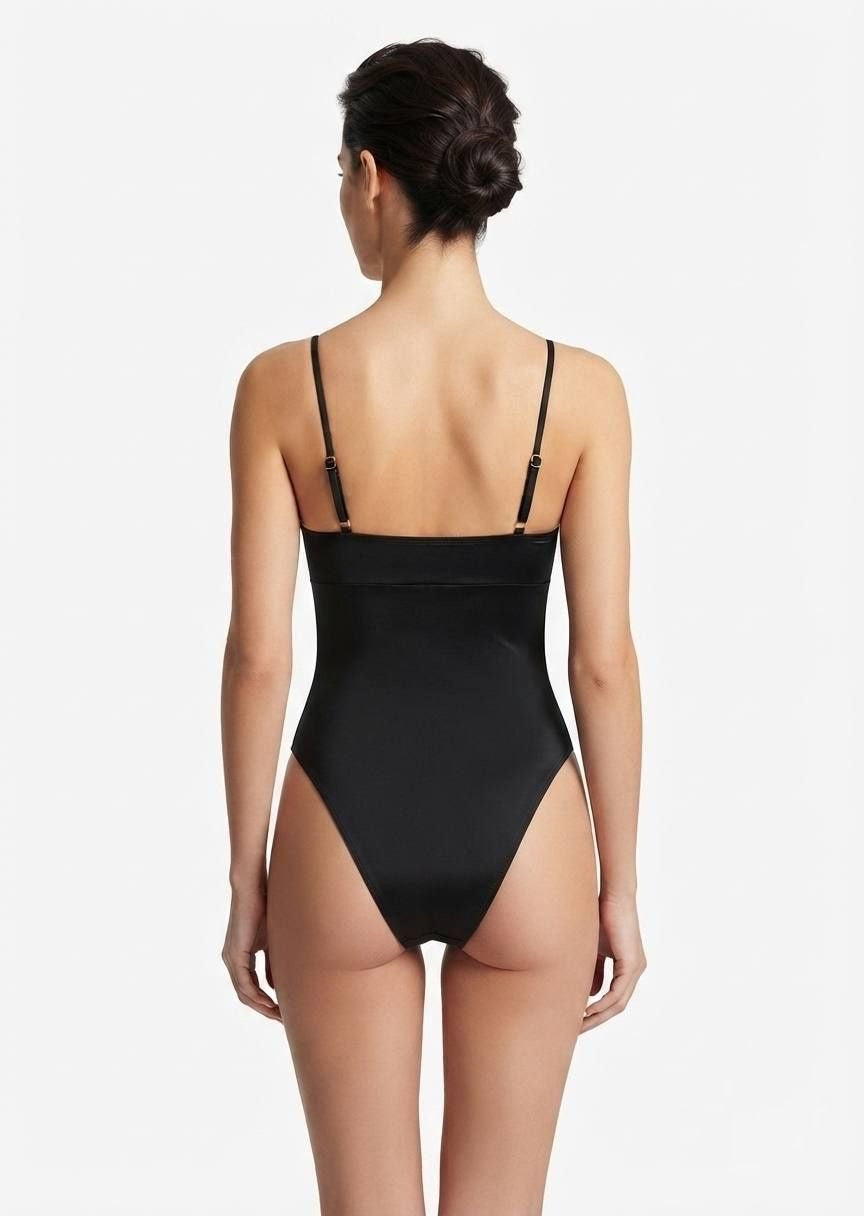 SHEIN Black Floral Trim One-Piece Swimsuit