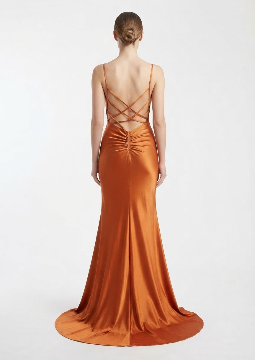 SHEIN Women's Rust Satin Formal Maxi Dress - Square Neck Criss-Cross Back Long Gown