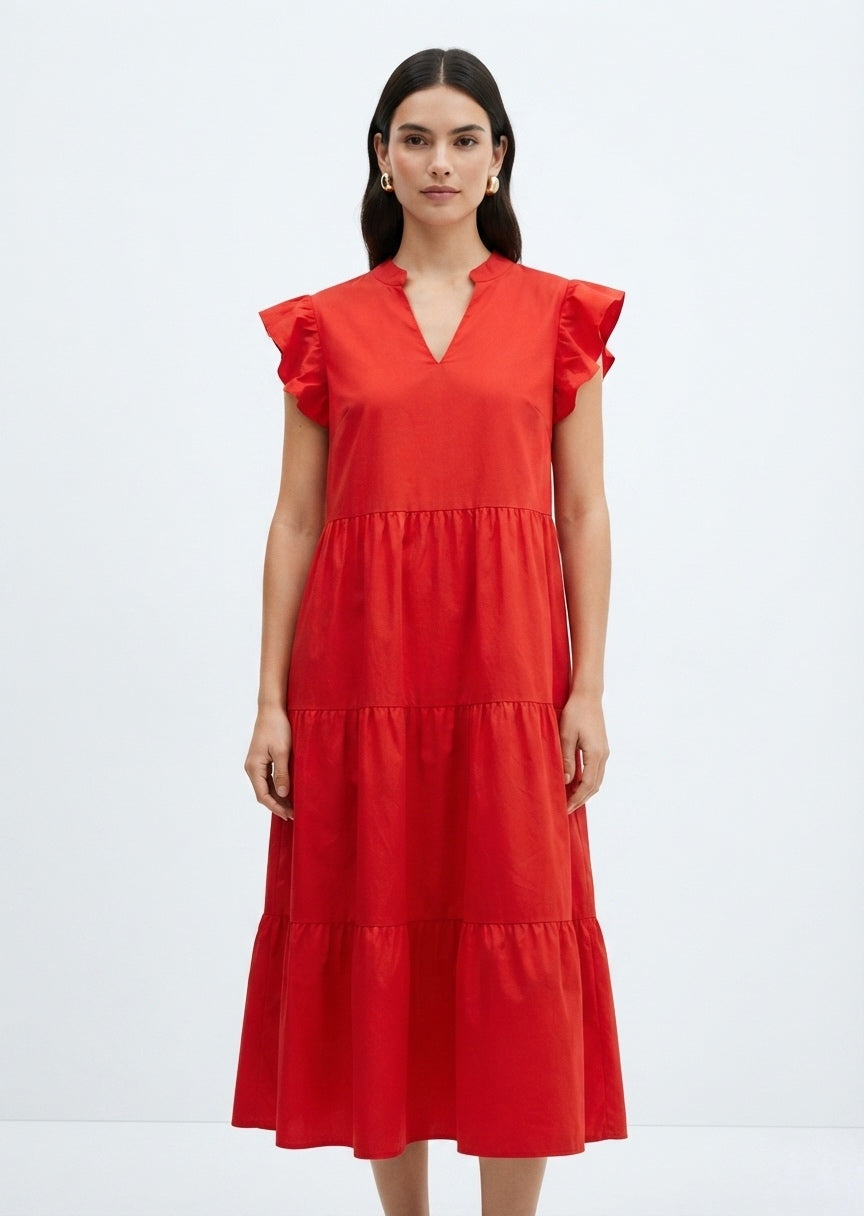 SHEIN Women's Red Ruffle-Sleeve Tiered Midi Dress