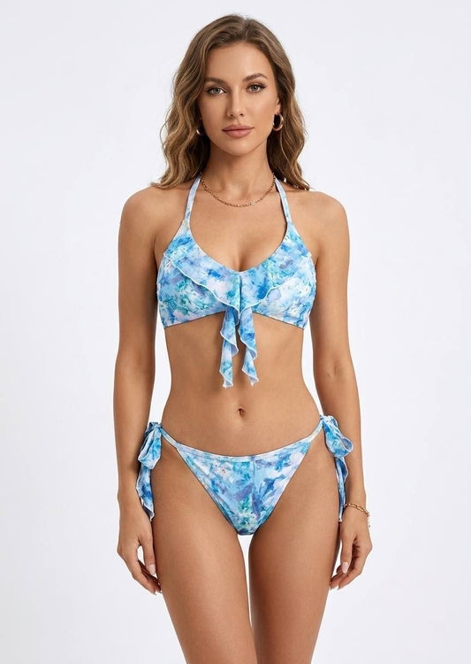 SHEIN Blue Watercolor Print Ruffled Bikini Set