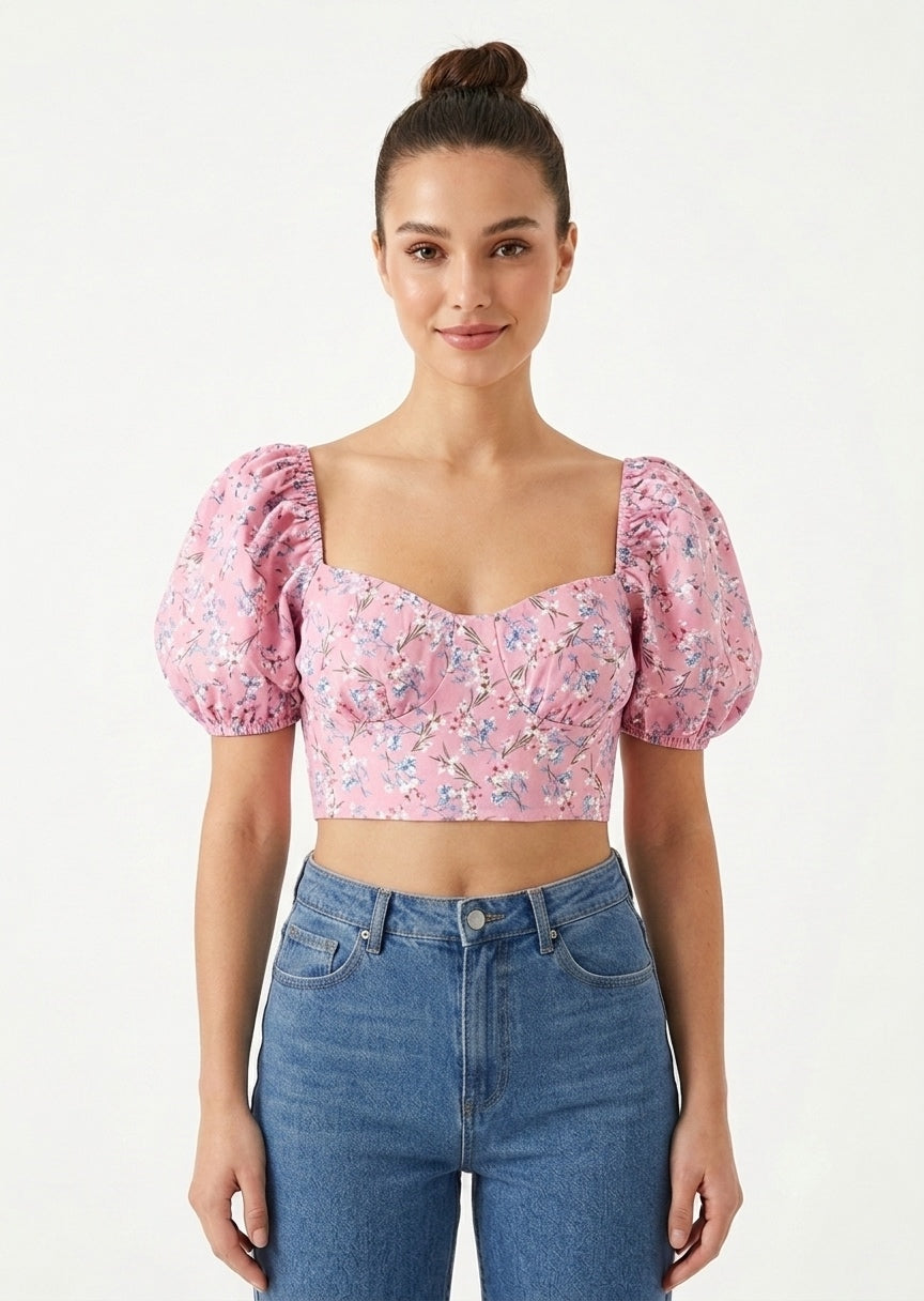 SHEIN Women’s Pink Floral Puff Sleeve Lace-Up Back Crop Top