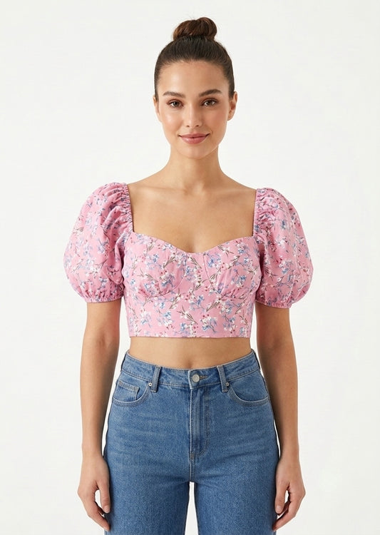 SHEIN Women’s Pink Floral Puff Sleeve Lace-Up Back Crop Top
