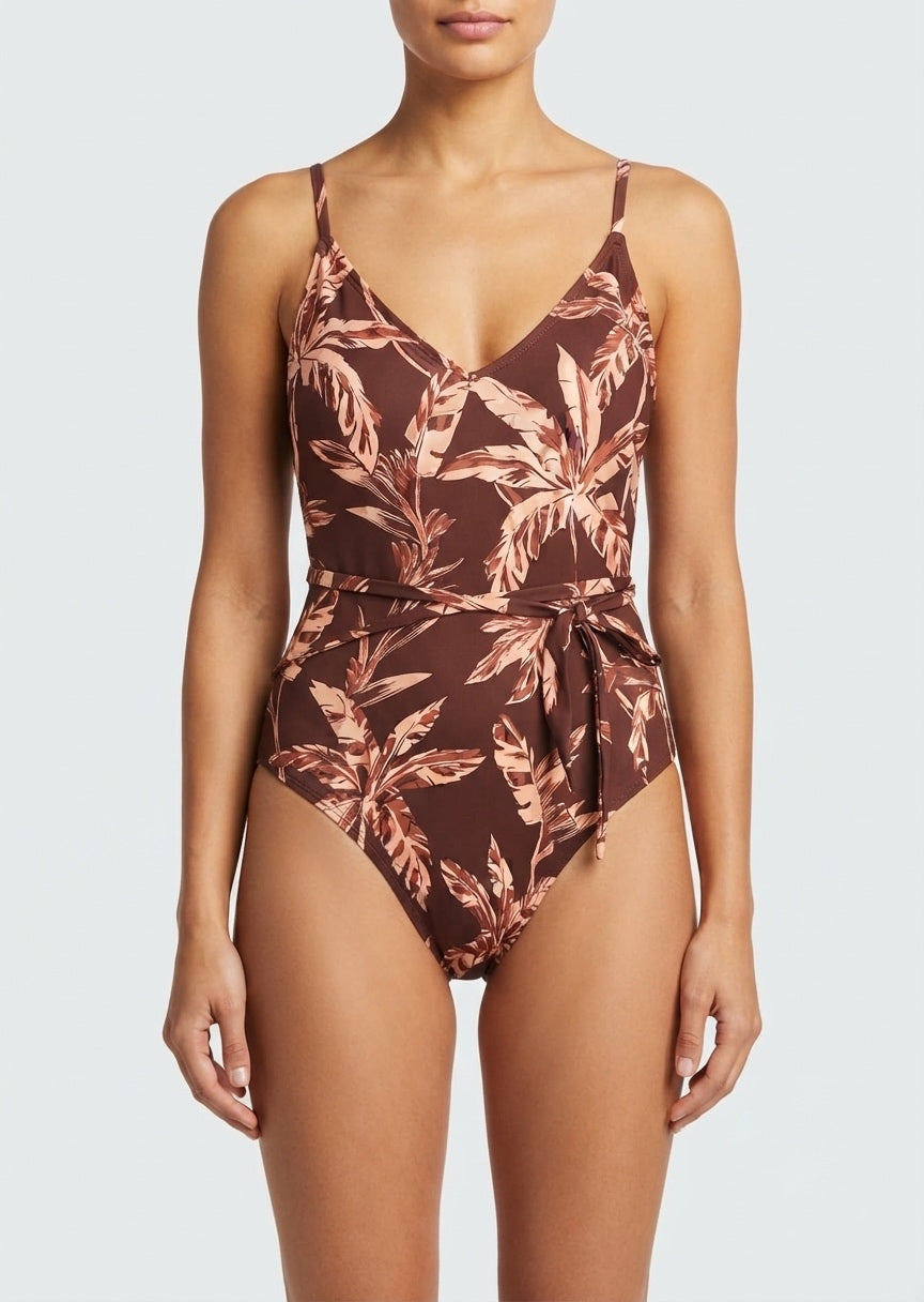 Kona Sol Brand Brown Tropical Print Tie-Waist One-Piece Swimsuit