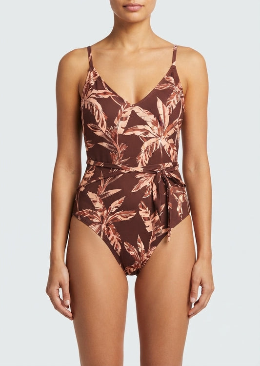 Kona Sol Brand Brown Tropical Print Tie-Waist One-Piece Swimsuit