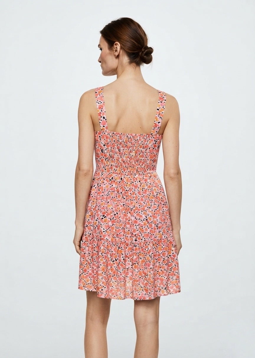 SHEIN Women's Floral Print Smocked Back Mini Dress - Pink & Orange