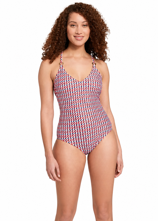 Kona Sol Brand Red and Blue Chevron Print One-Piece Swimsuit