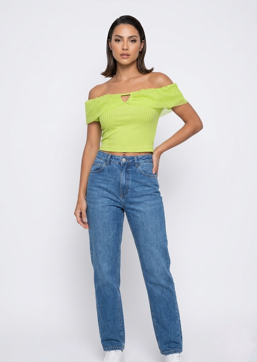 SHEIN Women's Off-The-Shoulder Mesh Trim Ribbed Knit Crop Top - Lime Green