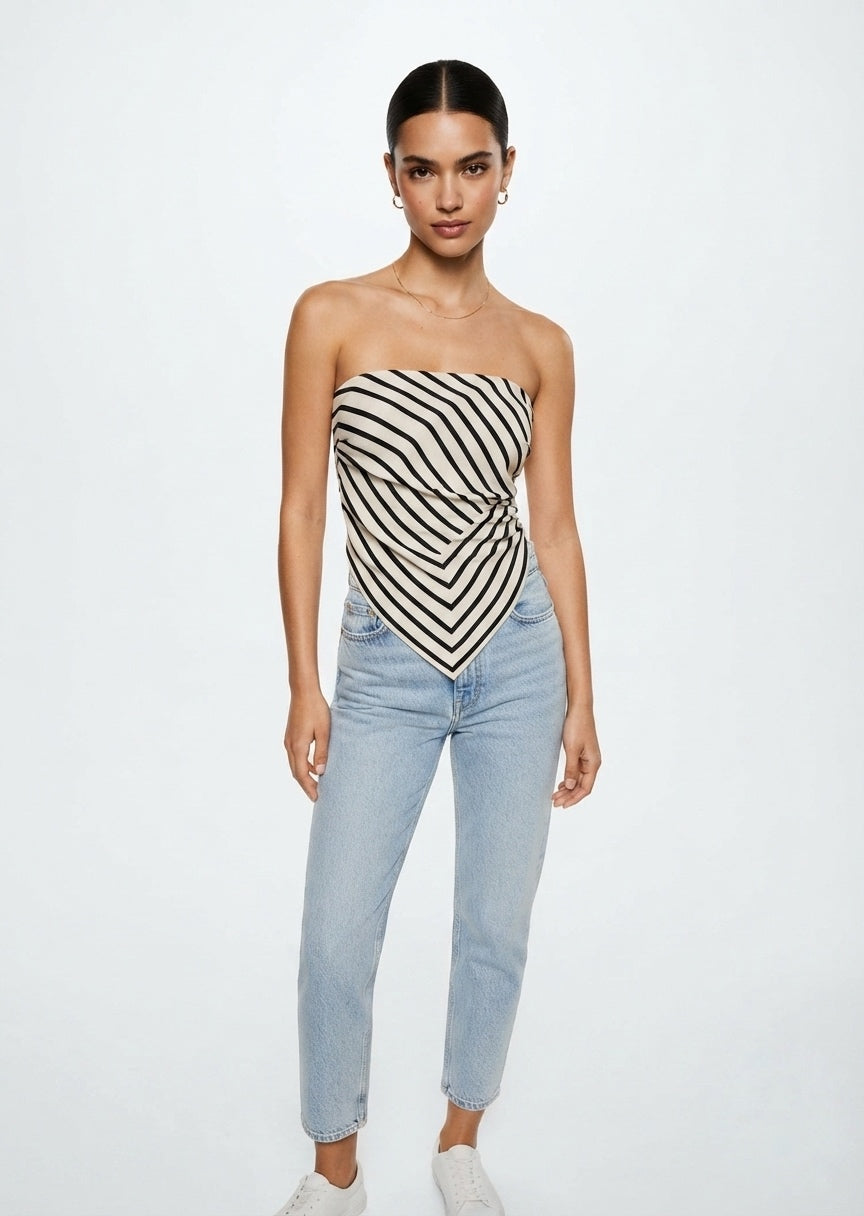ZARA Women's Black and White Striped Strapless Bandana Top - Asymmetric Hem Tube Top