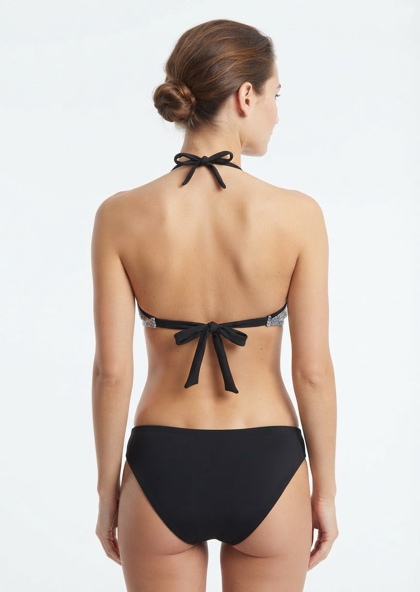 Silver Snake-Print and Black Halter Bikini Set