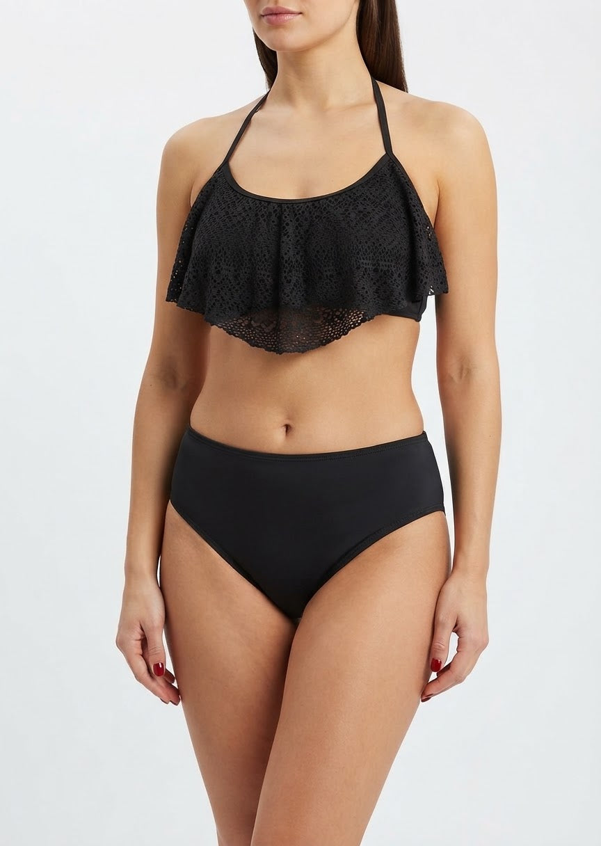 Black Lace Ruffle High-Waist Bikini Set