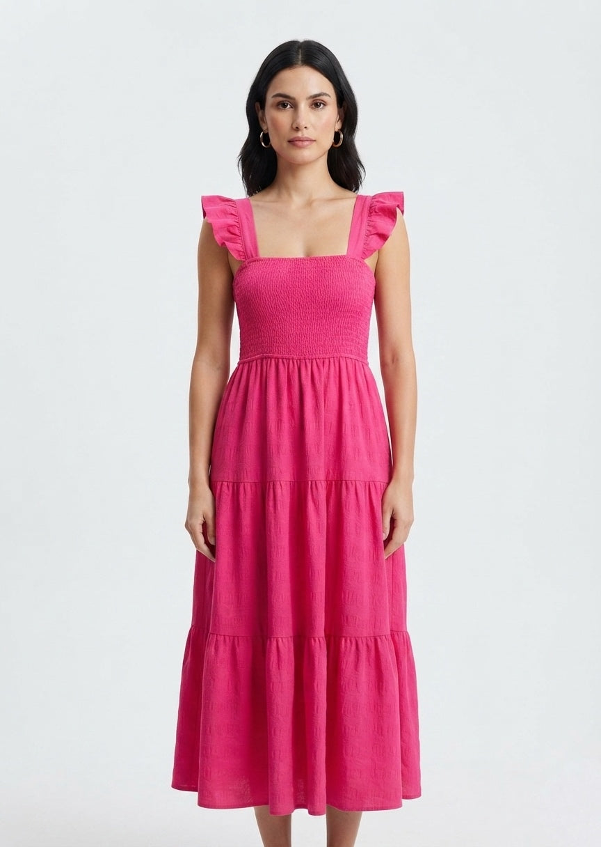 SHEIN Women's Smocked Ruffle-Strap Tiered Midi Dress - Fuchsia