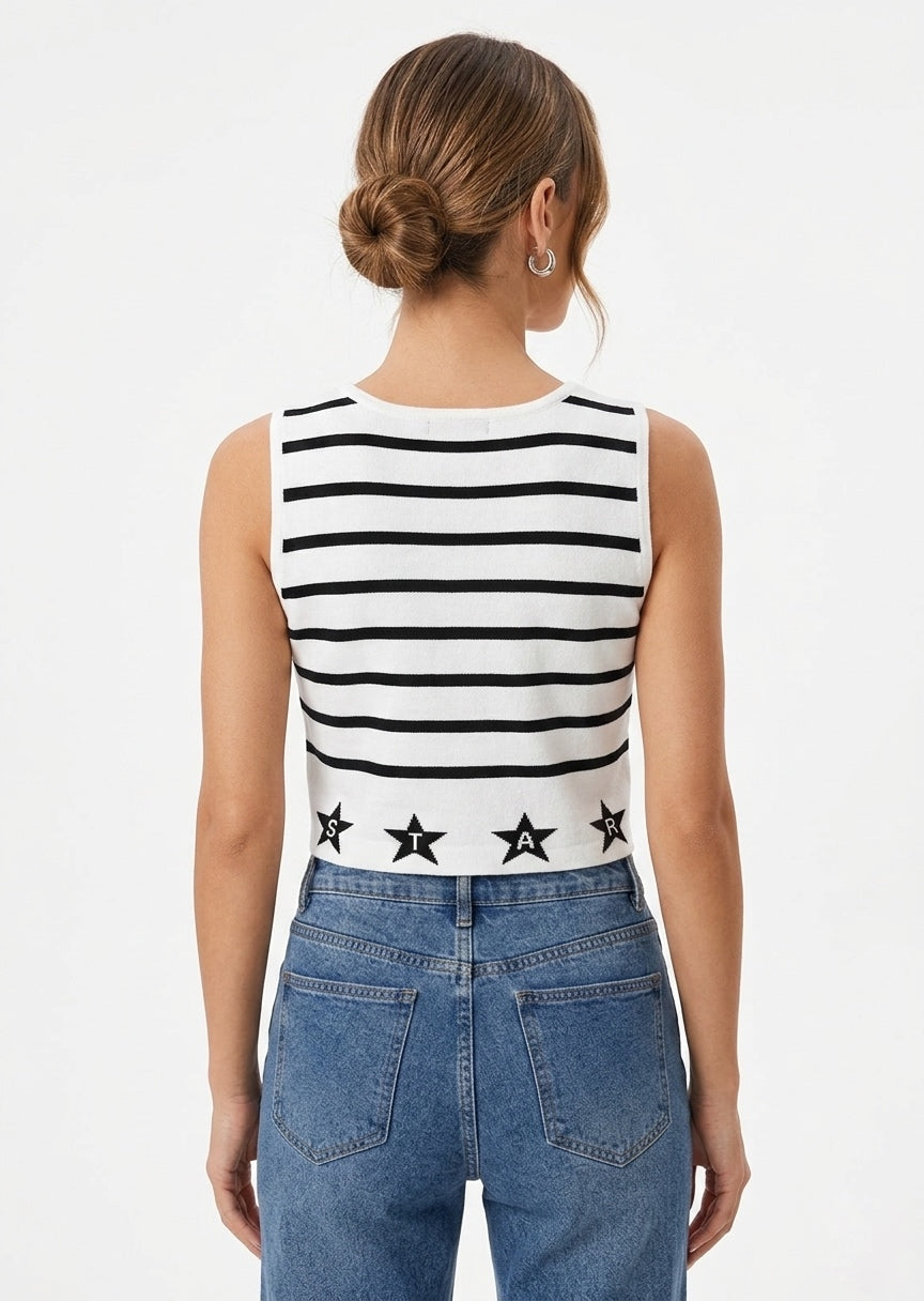 SHEIN Women's Striped Star-Hem Knit Tank Crop Top - White & Black