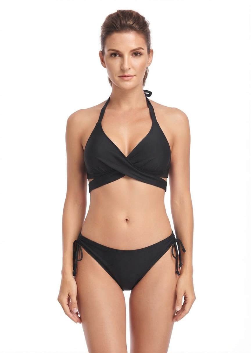 Kona Sol Brand Black Crossover Halter Tie-Side Bikini Set