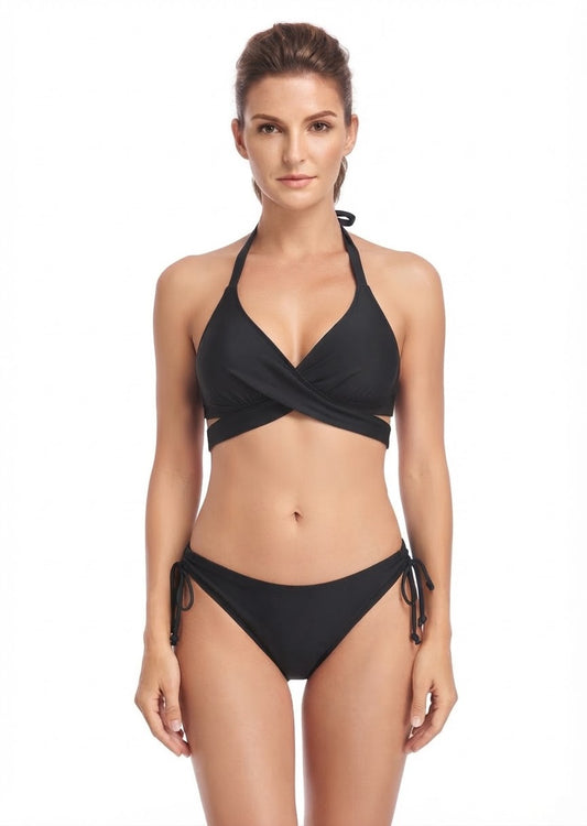 Kona Sol Brand Black Crossover Halter Tie-Side Bikini Set