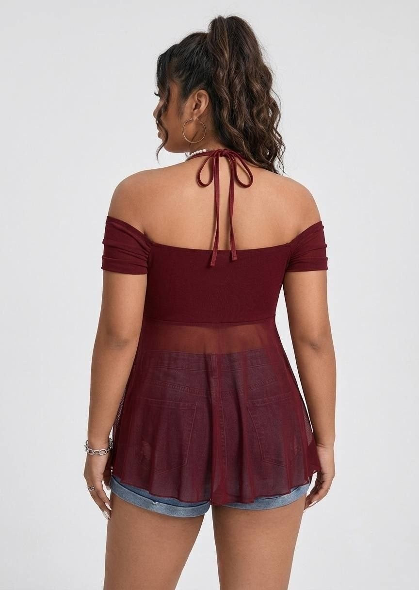 Shein Women’s Plus Size Mesh Off-Shoulder Ruched Peplum Top