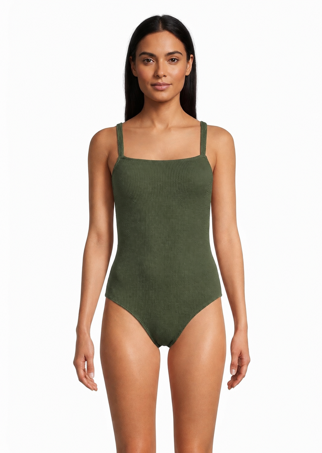 Kona Sol Brand Olive Green Ribbed Square-Neck One-Piece Swimsuit