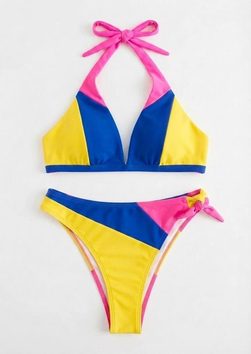 SHEIN Color-Block Halter Bikini Set with Side-Tie