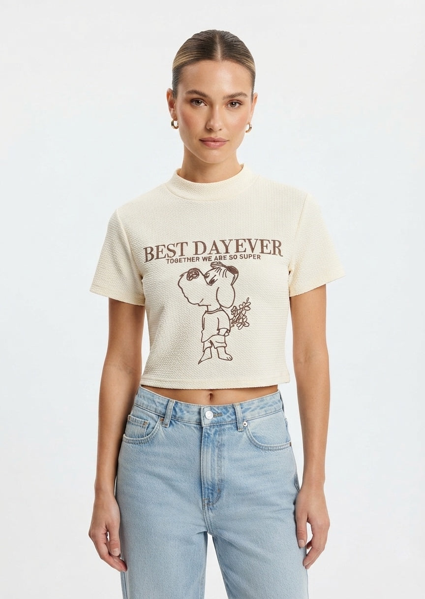 SHEIN Women's Graphic Print Mock Neck Crop Top - Off-White