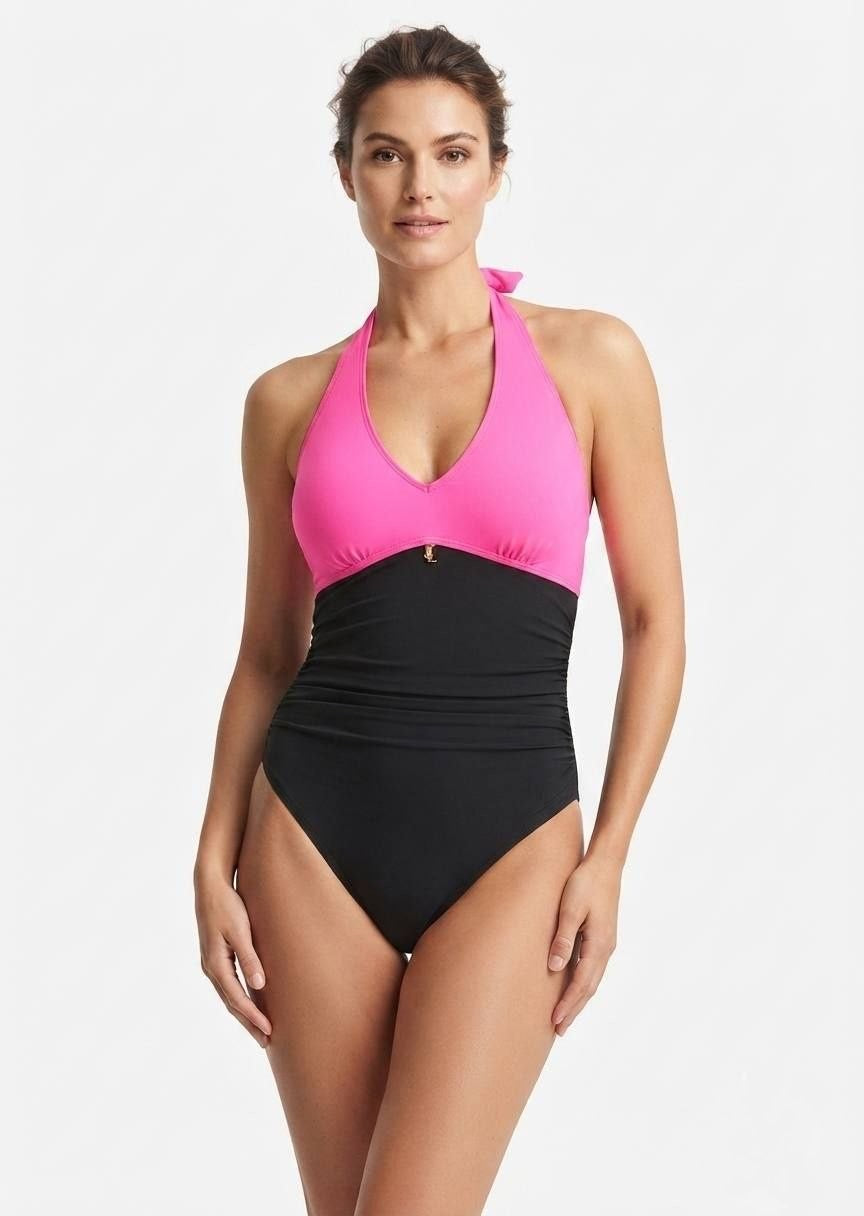 Shein Colorblock Halter Ruched One-Piece Swimsuit