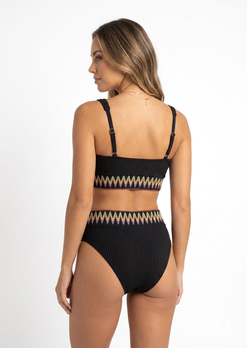 SHEIN Black Textured Bikini Set with Zigzag Trim