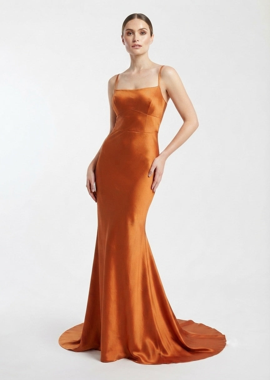 SHEIN Women's Rust Satin Formal Maxi Dress - Square Neck Criss-Cross Back Long Gown