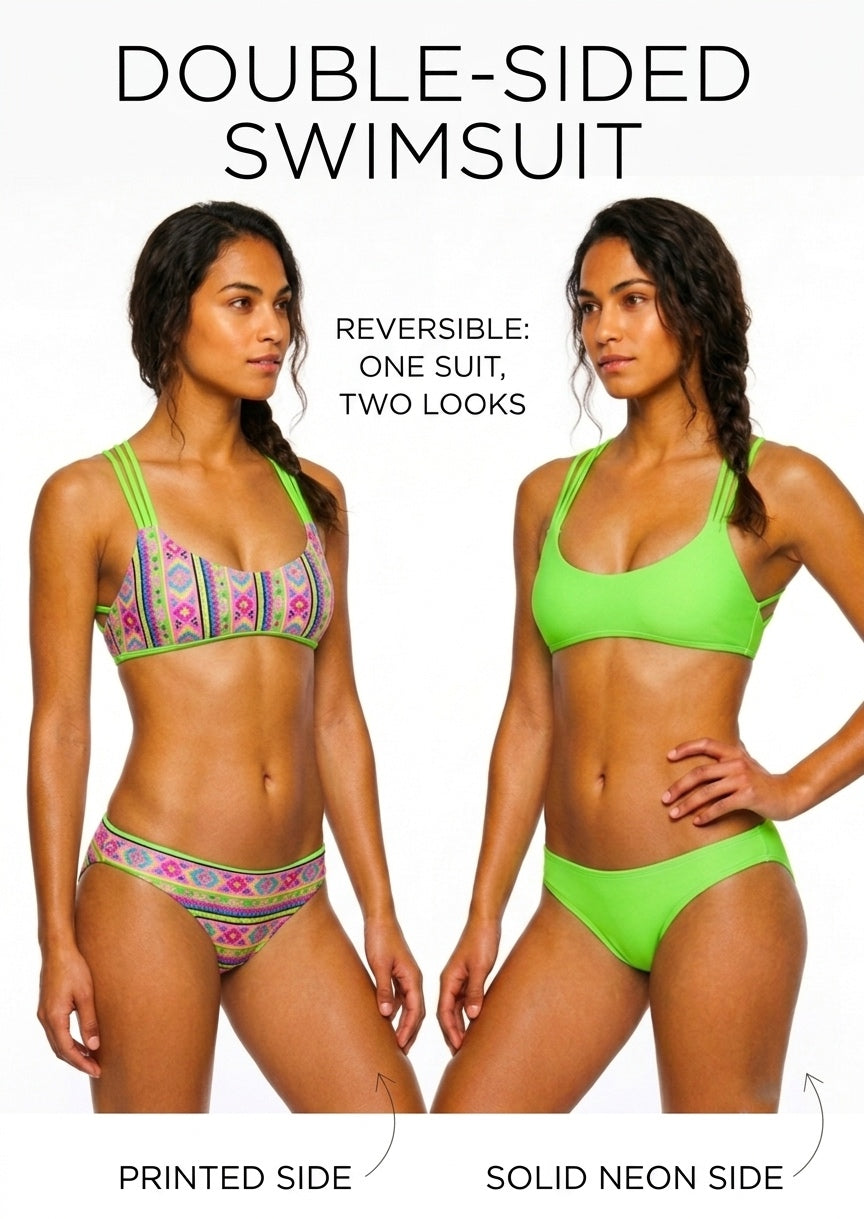 Women's Reversible Bikini Set - Printed & Neon Solid