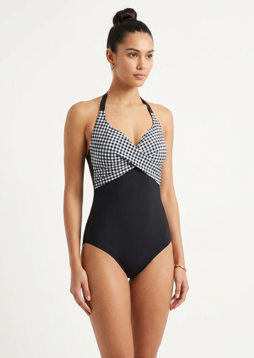 TU BRAND Gingham Wrap-Front Halter One-Piece Swimsuit