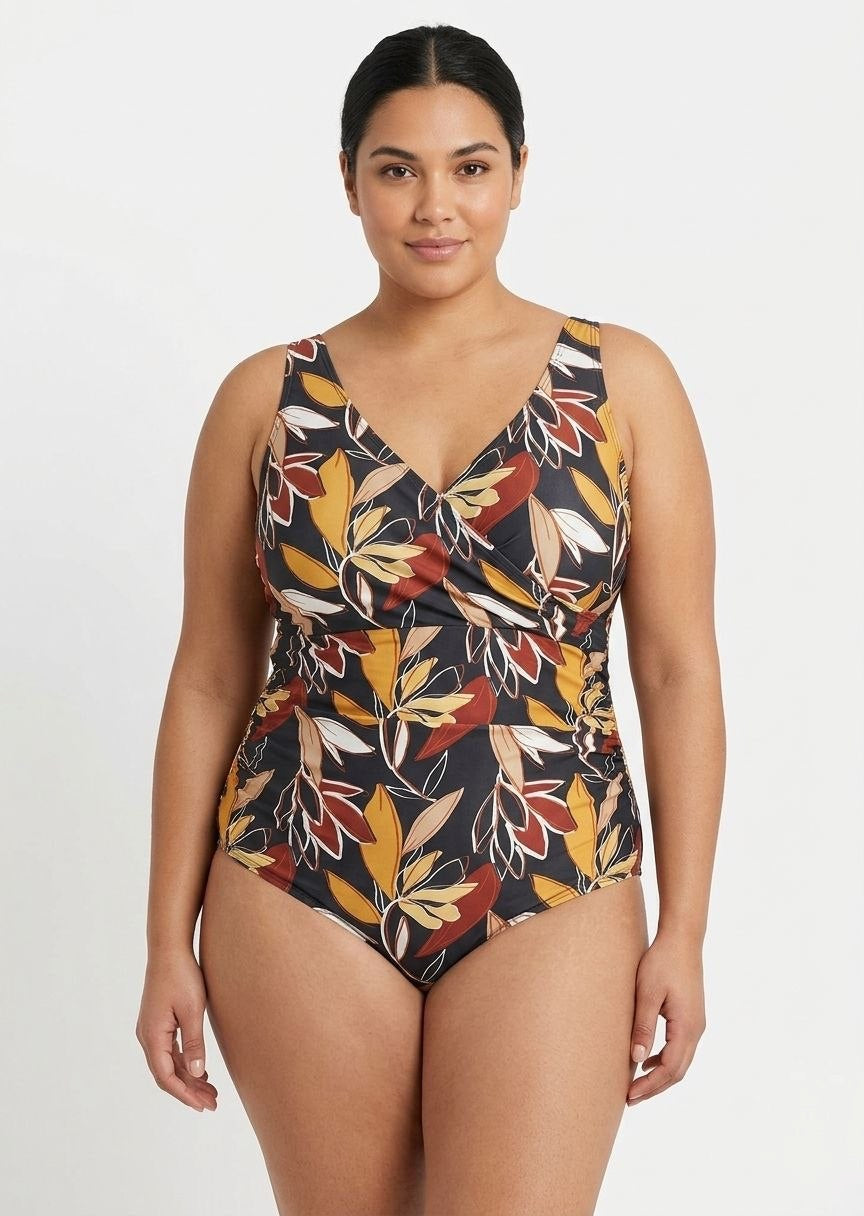 TU BRAND Women's Leaf Print Wrap-Front One-Piece Swimsuit - Autumnal Colors