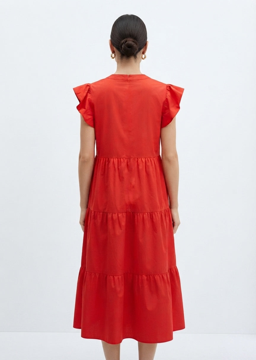 SHEIN Women's Red Ruffle-Sleeve Tiered Midi Dress