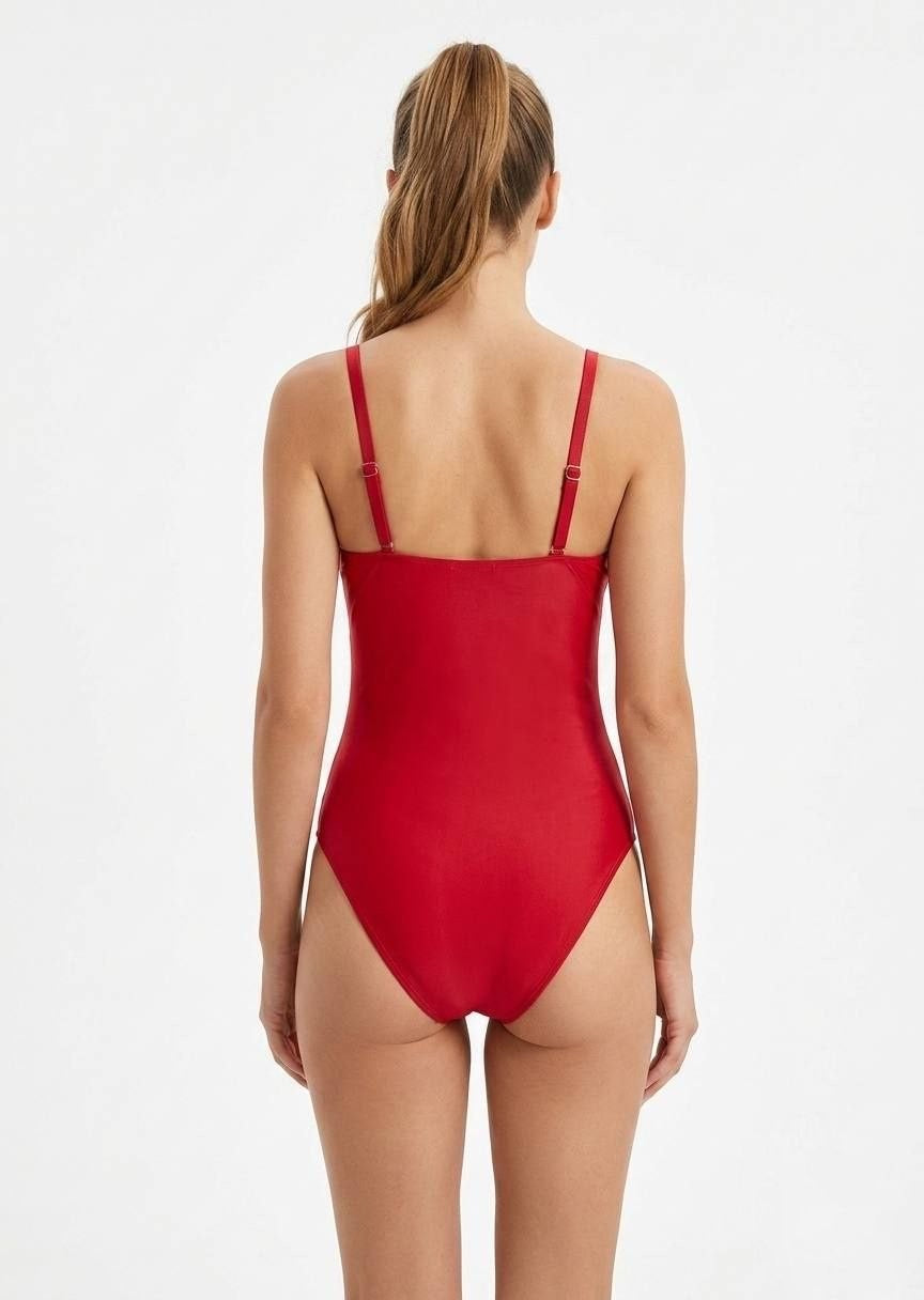 Shein Classic Red V-Neck One-Piece Swimsuit