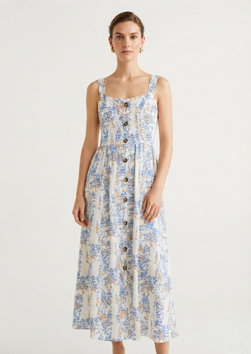 SHEIN Women's Floral Print Square Neck Button-Front Midi Dress