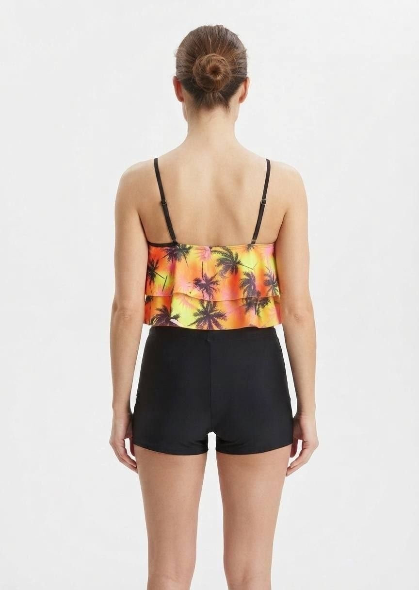 SHEIN Sunset Palm Print Ruffle Tankini with Swim Shorts