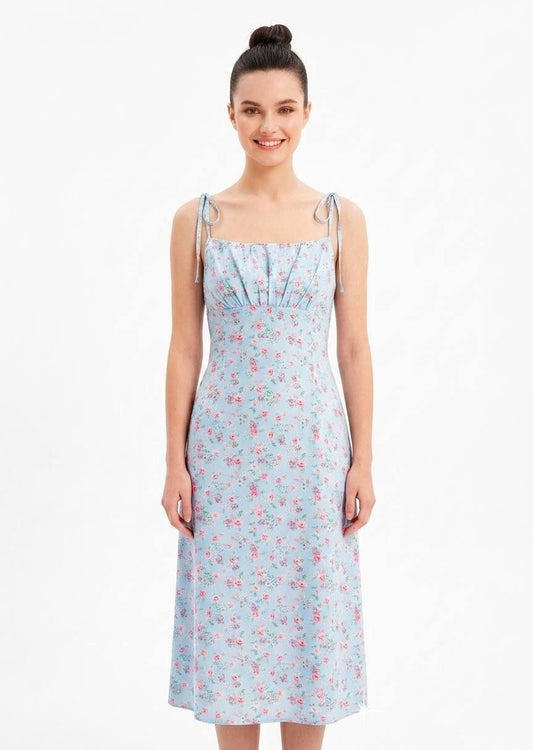 Shein Women’s Blue Floral Midi Dress with Tie-Shoulder Straps