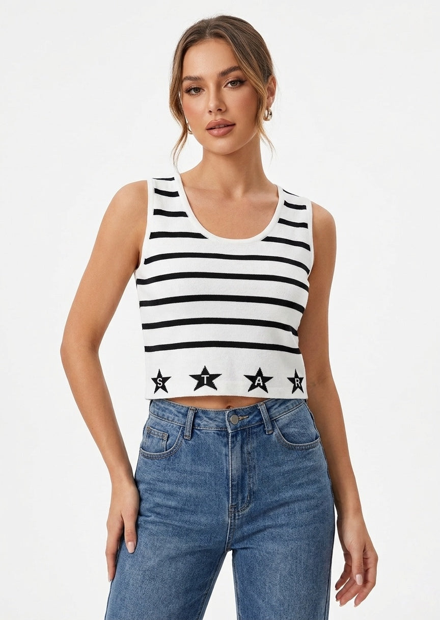 SHEIN Women's Striped Star-Hem Knit Tank Crop Top - White & Black