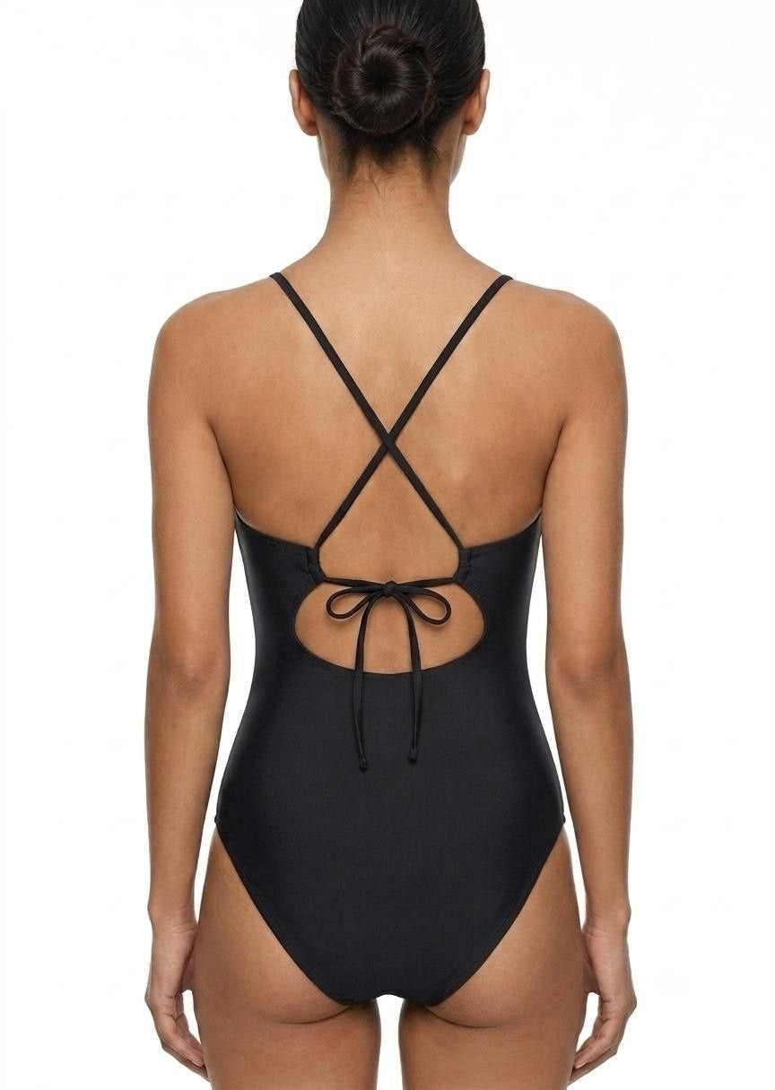 SHEIN Classic Black Ruched Halter One-Piece Swimsuit - Elegant Beachwear
