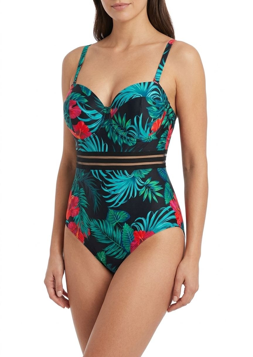 SHEIN Tropical Leaf Print One-Piece Swimsuit with Mesh Insert
