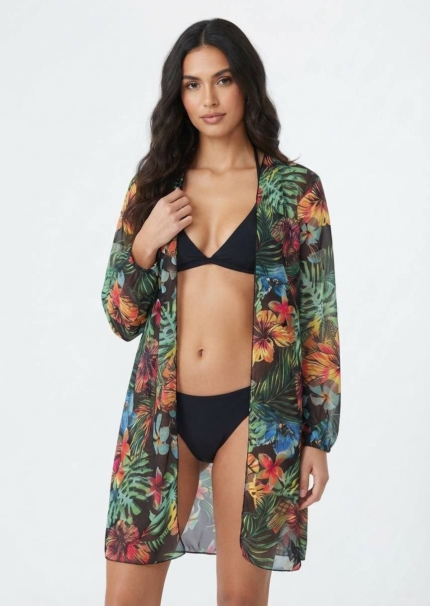 Shein Tropical Print Beach Cover-Up Kimono
