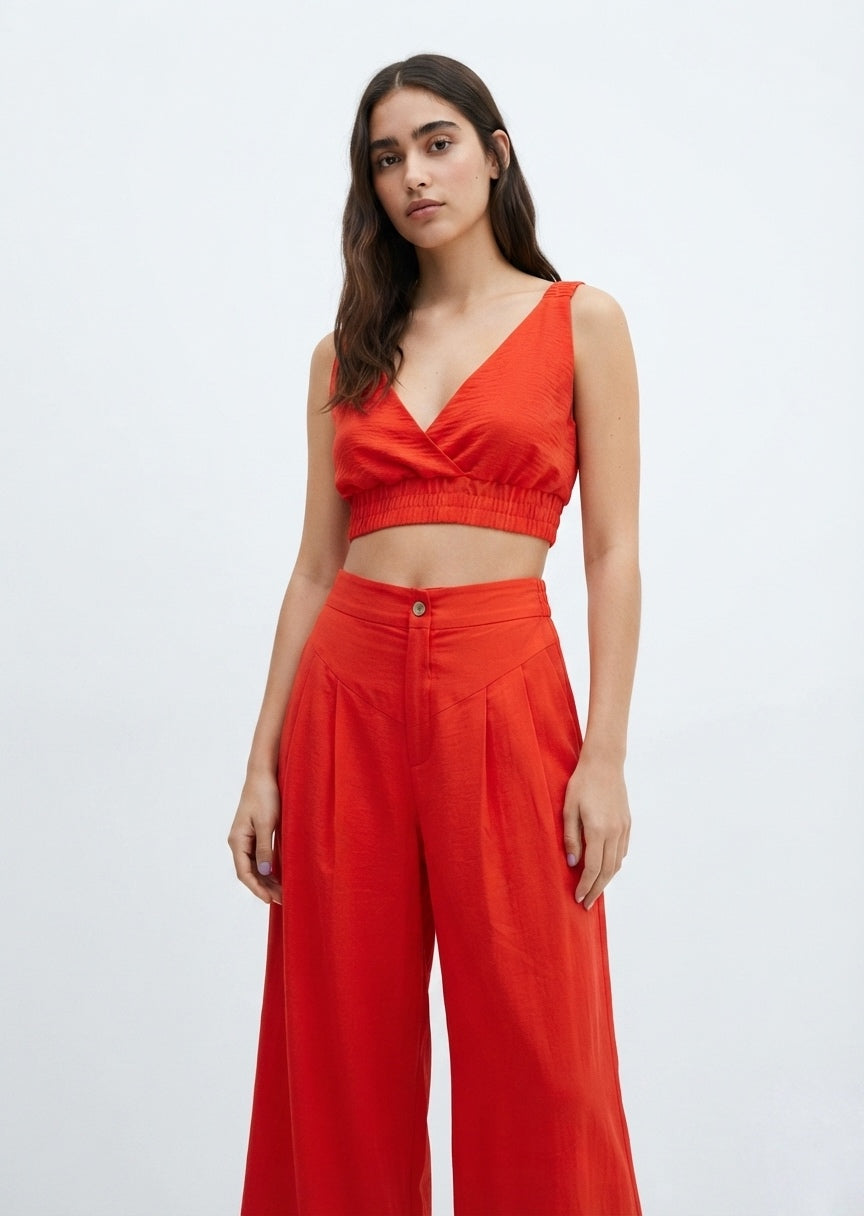 SHEIN Women's Two-Piece Crop Top and High-Waisted Wide-Leg Pants Set - Red