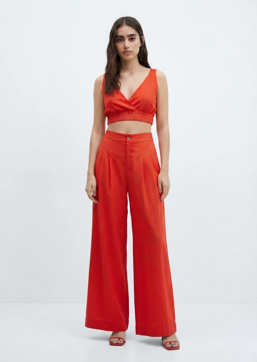 SHEIN Women's Two-Piece Crop Top and High-Waisted Wide-Leg Pants Set - Red