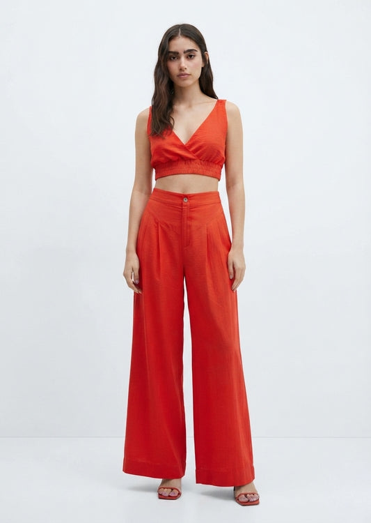 SHEIN Women's Two-Piece Crop Top and High-Waisted Wide-Leg Pants Set - Red