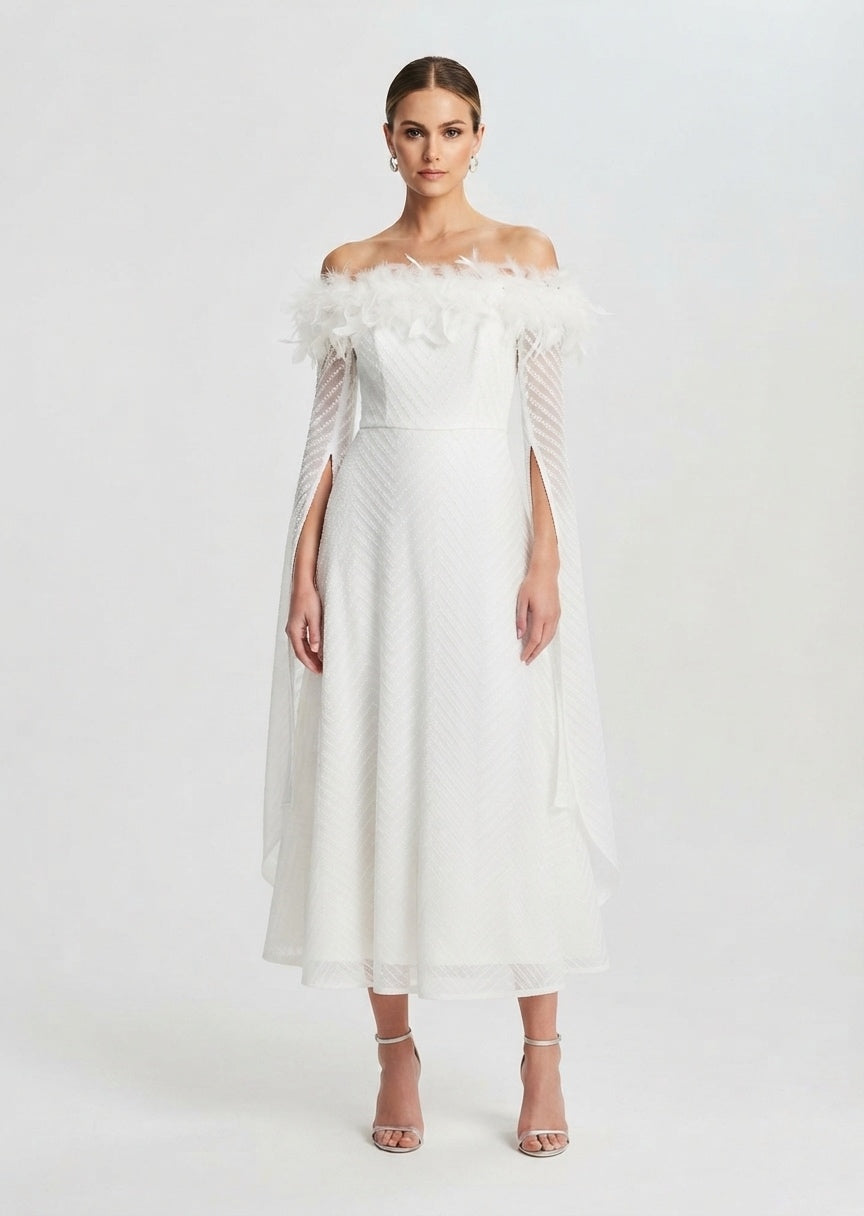 SHEIN Women's Off-the-Shoulder Feather Trim Midi Dress with Split Sleeves