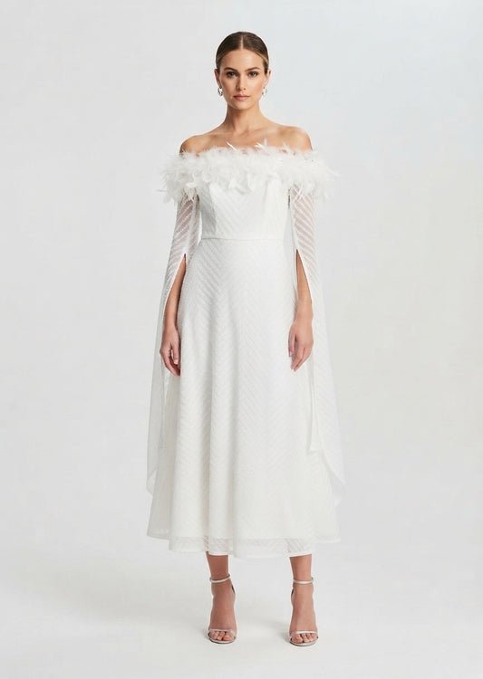 SHEIN Women's Off-the-Shoulder Feather Trim Midi Dress with Split Sleeves