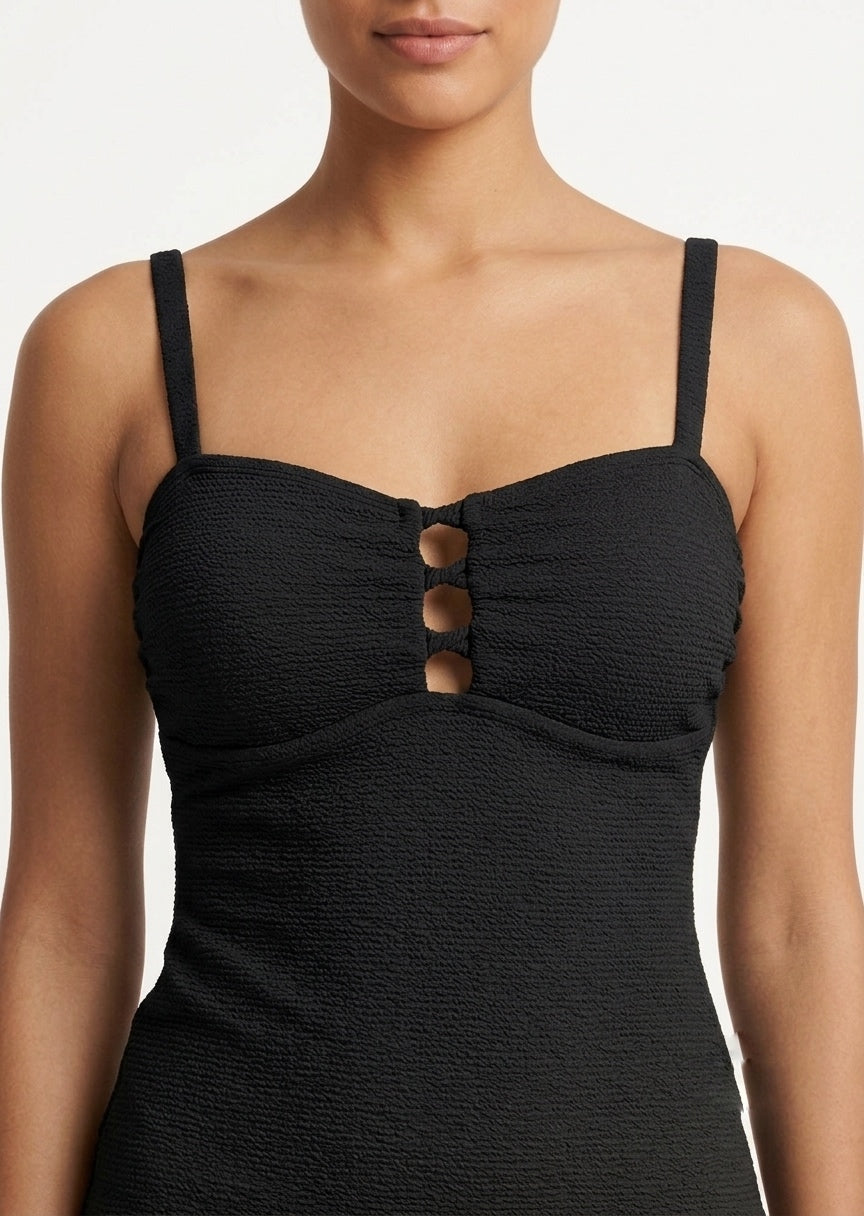 Black Textured Tankini Top with Center Cutout Detail